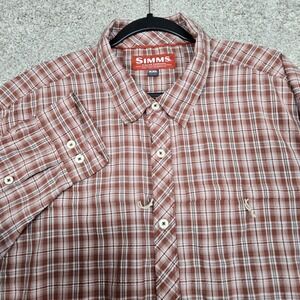 Simms Fishing Shirt Mens 2XL red/brown Plaid Button up Long Sleeve lightweight
